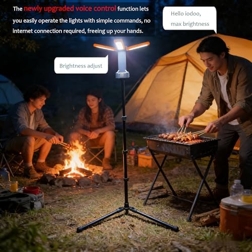 iodoo Voice Control 13200mAh Rechargeable Solar Work Light with Folding Stand Support and Portable Carrying Bag, 8000 Lumen Stepless Dimmable, 4 Lighting Modes, White/Warm/Warm White (Voice Control) - Image 2