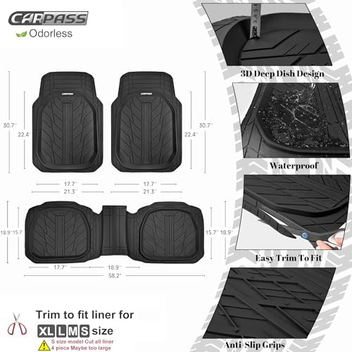 CAR PASS DeepDish Heavy Duty Rubber Floor Mats 3-Piece, Universal M-XL Size Trim-to-Fit Automotive Floor Mats for Truck Van SUV, Durable Waterproof All Weather Car Mats (Solid Black) - Image 4