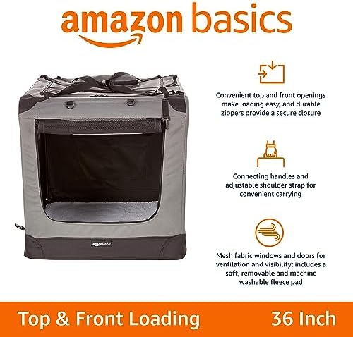 Amazon Basics Portable Folding Soft Pet Dog Crate Carrier Kennel for Large Dogs, Easy to Clean, 36 x 24 x 24 inches, Grey - Image 2