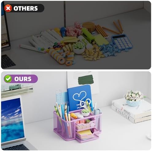 Marbrasse Mesh Desk Organizer, Pen Holder with 2 Drawer, Multi-Functional Pencil Holder, Desk Organizers and Accessories with 5 Compartments + Drawer for Office Art Supplies (Purple) - Image 6