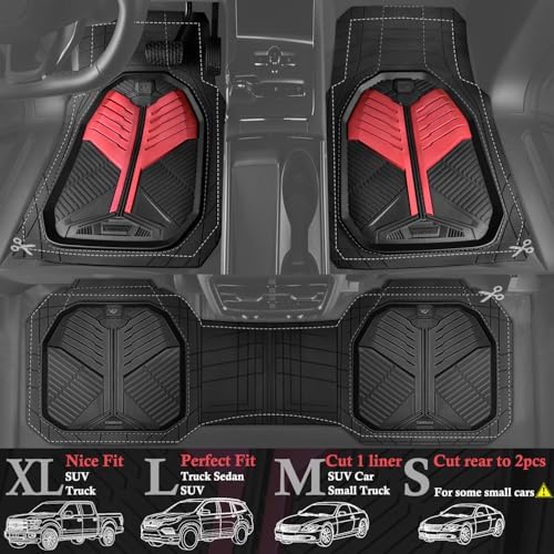 CAR PASS Heavy Duty Rubber Car Mats, Deep-Dish Car Floor Mats All Weather, Universal Two-Tone Trim-to-Fit for SUVs Trucks Sedans, Waterproof Anti-Slip, 3 Pieces V12 Black and Metallic Red - Image 2