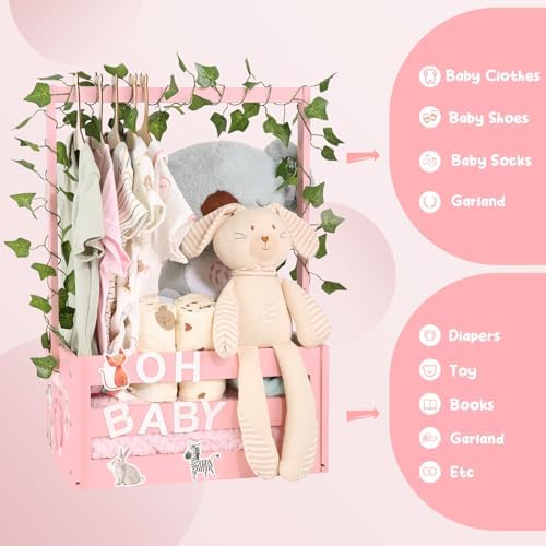 Baby Shower Gifts Basket Wooden Crate, Personalized Wooden Letters and Clothes Hangers New Born Baby Girl Boy Gifts Vine Decorations Cute Closet with Handle Pregnancy Gifts for New Mom Parents Pink - Image 7