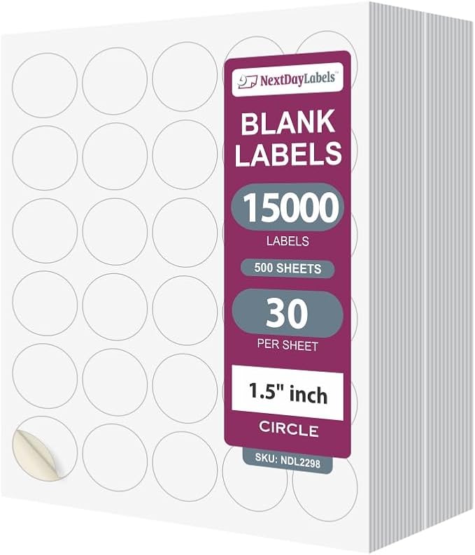 NextDayLabels - 1.5 Inch Round Labels - Matte White Blank Laser/Inkjet Printer by NextDayLabels