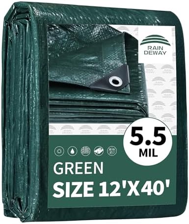 RAINDEWAY Green Tarp 12x40 Feet,5.5Mil Multipurpose Waterproof Tarps Cover by RAINDEWAY