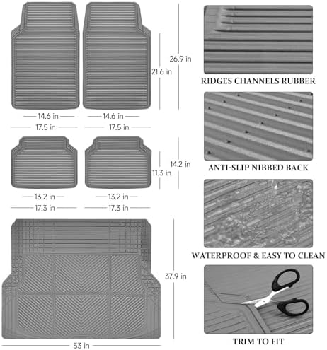 CAR PASS Gray Rubber Car Floor Mats & Cargo Liners, All Weather Car Mats & Trunk Mats,Waterproof Automotive Floor Mats Trim to Fit for Most Cars Sedans SUVs Vans, Durable Heavy Duty Anti-Slip, Gray - Image 3