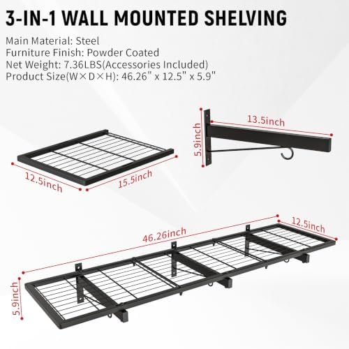Garage Wall Shelves, 46"X12.5" Garage Shelving Wall Mounted, Heavy Duty Shelf Storage Rack with 4 Hooks, Black Organizer Floating Metal Shelf 160 LBS Capacity for Office, Basement, Laundry Room - Image 2