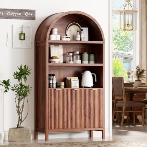 Ieejdn 71.34" Tall Arched Kitchen Pantry,Modern Fluted Wood Storage Cabinet with Doors,Adjustable Shelves,Organizer, Versatile Cupboard for Kitchen,Living Room,Dining Room,Bathroom,Walnut by Ieejdn