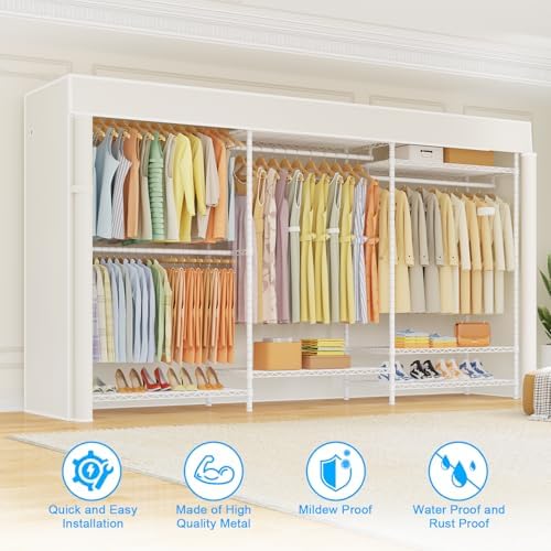 Ulif E13C Pro Heavy Duty Closet Organizer System，Freestanding Clothing Racks for Hanging Clothes，Adjustable Garment Rack 75" W x16 D x77 H Hold 1000lbs，White Rack with White Dustproof Cover - Image 6