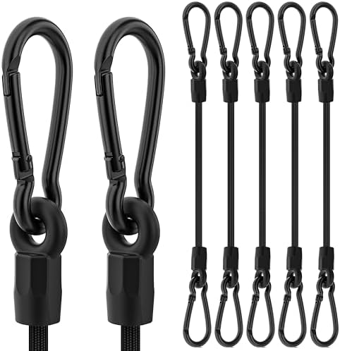 Bungee Cords with Hooks, Upgrade 48 inch Long Heavy Duty Outdoor Bungee Cords with Carabiner Hooks for Camping, 1/3 Inch Black Bungee Rope Elastic Cords with Clips for Tarps Truck Bed Bike Rack by Rugtol