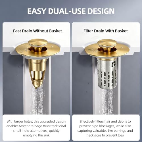 3 in 1 Bathroom Sink Drain Strainer, Universal Pop Up Bathroom Sink Stopper with Removable Hair Catcher Anti-Clog Filter Basket Brass & Stainless Steel Brushed Gold 2 PCS - Image 4