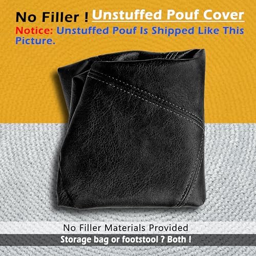 Thgonwid Unstuffed Faux Leather Pouf Cover, Handmade Footstool Ottoman Storage Solution, Floor Footrest Cushion - 16.5" Dx12 H, Pure Black - Image 4