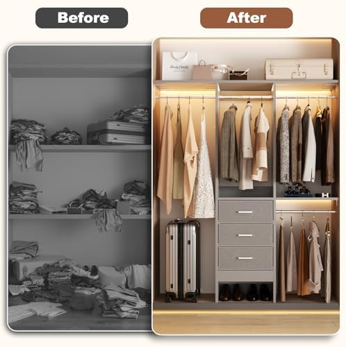 Besiost 4FT Small Closet System with 3 Fabric Drawers, 48'' Closet Organizer System With 3 Adjustable Shelves, Flexible Built-In Clothes Garment Rack for Small Space, 48" L x 13" W x 71" H, Grey - Image 3