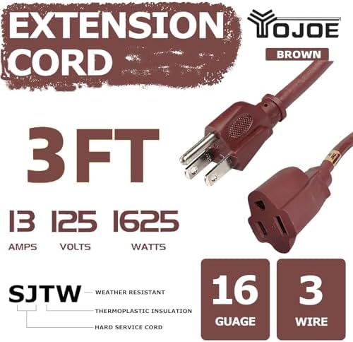 YOJOE Extension Cord, 3 Prong 13A Weatherproof Power Cord, 16 Gauge Heavy Duty 3 ft Brown Extension Cord for Garage, Garden and Home, 16/3 SJTW UL Certified - Image 2