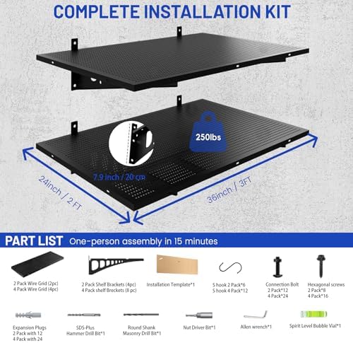 ZONEGRACE 2-Pack 2x3ft Deep Garage Shelving Wall Mount, 500 Lbs Wall Shelf Heavy Duty, Wall Shelves For Garage Storage With Complete Install Kit & Hooks, Black - Image 2
