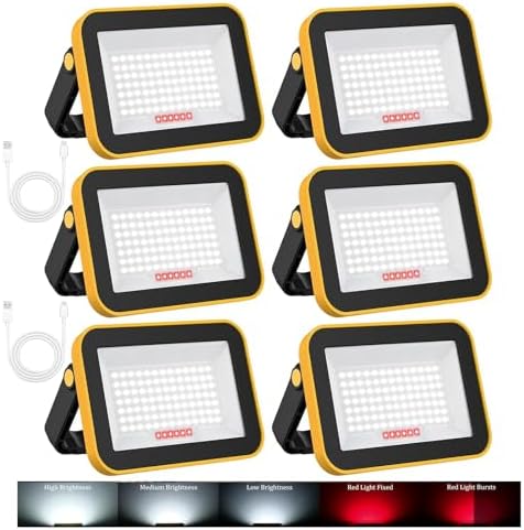 LED Work Light with Stand, 6-Pack, Rechargeable, Multi-Brightness Modes, White & Red Light, Black & Yellow by T-SUNUSLighting
