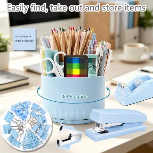 Office Supplies,School Supplies,Blue Desk Accessories,Desk Organizer,Scissors,Stapler,Tape Dispenser,Binder Clips,Staples,Staple Remover,Sticky Notes,Clear Tape,Pen,Ruler,Best Gift,11pcs - Image 4