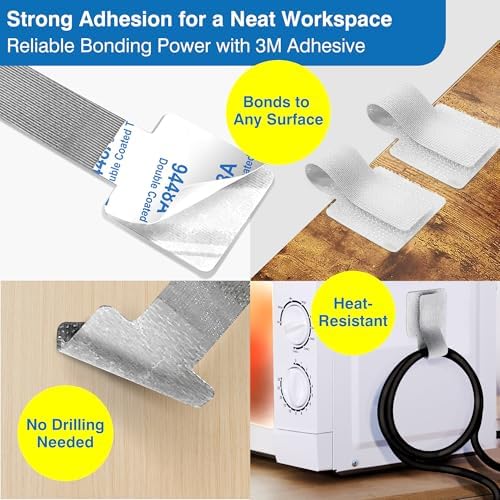 Cable Management Kit – 40 Self-Adhesive Hook & Loop Cable Ties with 2 Extension Straps, Strong Adhesive Cord Organizer for Desk, Wall, Home & Office, Adjustable Wire Holders, Grey & White - Image 3