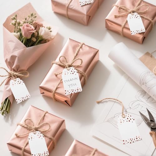 100Pcs Rose Gold Gift Tags with String Attached, ASYEHJNR Foil Rose Gold Dot Large Gift Bag Tags Presents with 65 FT Jute Twine, White Paper Gift Tags for Baby Shower, Wedding, Birthday Gift Wrap Tags - Image 6