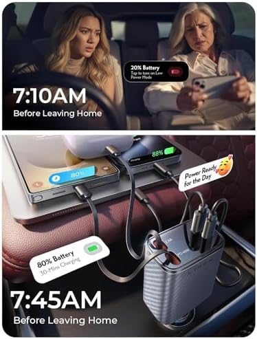 LISEN Retractable Car Charger, 84W Car Charger USB C Fast Charger Adapter, Car Accessories for Men Women, Gifts for Fathers Day for Men Dad Husband, for iPhone 17 16 15 14 13 12 Pro Max, Carbon-Grey - Image 6