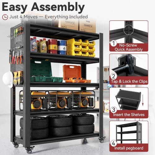 78" H x 47.2" W x 18" D Garage Storage Shelves with Wheels and Pegboard - Image 7