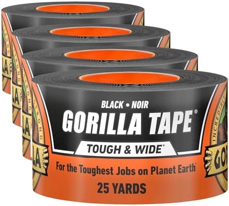 Gorilla Tape Tough & Wide,Black Tape,2.88" x 25 yd - Heavy Duty and Weather Resistant for Indoor or Outdoor,(Pack of 4) by Gorilla