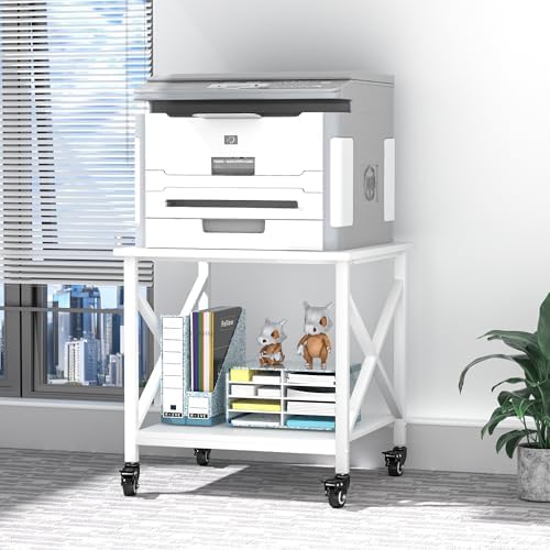 Printer Stand, 23.6 x 23.6 Inches Large Printer Stand with Storage Shelf, 2 Tier Printer Table for Home Office, Rolling Printer Cart with Industrial Wheels, Mini Fridge Stand Table, White - Image 2