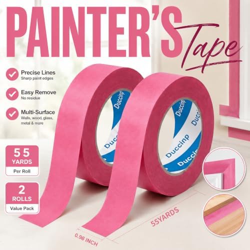 Pink Painters Tape 1 Inch Wide, 2 Rolls Masking Tape 0.98 in x 55 Yd, Pink Masking Tape No Residue, Easy Tear Paint Tape for Wall Painting, DIY, Window Masking, Home Improvement - Image 2