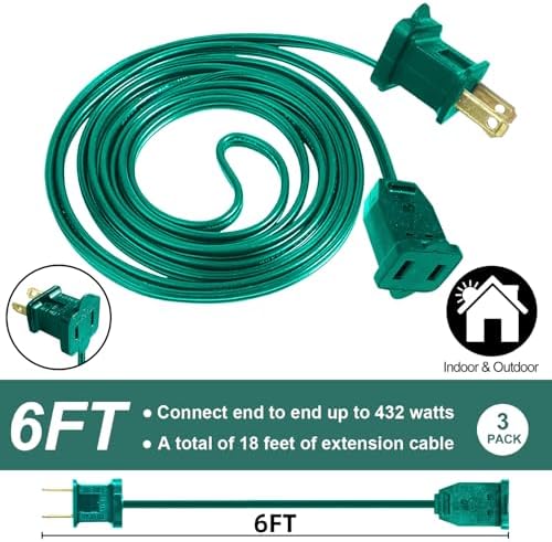 3 Pack 2 Prong Polarized Extension Cord Green Extension Cord 6 Feet with Stackable Unpolarized Plug, 5A 120V 432W, for Connect/Extend Indoor Outdoor Christmas Lights String (18 Feet) - Image 2