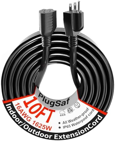 PlugSaf 16/3 10Ft Indoor Extension Cord Black, 3 Prong Electric Cord by PlugSaf