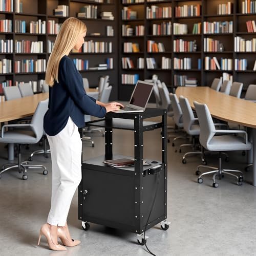 DWVO AV Cart with Locking Cabinet for Projector Laptop Presentation Black - Image 2