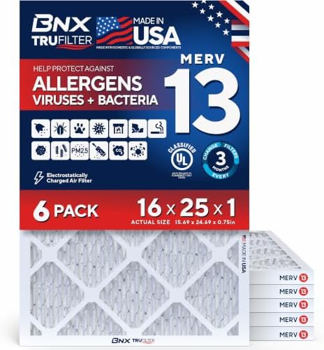 BNX TruFilter 16x25x1 Air Filter MERV 13 AC Filter, HVAC Furnace Filter, 6 Pack (ACTUAL SIZE 15.69"x24.69"x0.75") Allergies, Dust, Pet Dander & Smoke - MADE IN USA - MPR1500 / FPR 10 by BNX