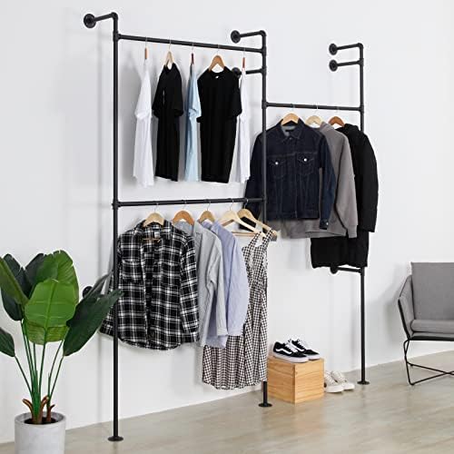 Wall Mounted Industrial Pipe Clothing Rack Garment Racks Pipeline Vintage Rolling Rack On Wall, Heavy Duty Rustic Gold Metal Garment Frame for Bedroom, Living room (Black) - Image 3