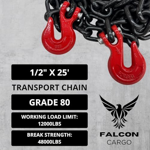 2PK - Falcon Cargo 1/2" X 25' Grade 80 Transport Binder Chain - 12,000 LBS WLL - Clevis Grab Hook, Tie-Down, Towing - Image 2