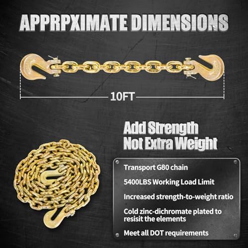 G80 Load Binder Chain,3/8"x10ft Tow Chain with G70 Hooks,5400lbs Safe Working Load, Heavy Duty Chain,Logging Chain for Transporting Towing, Tie Down Binding Equipment - Image 4