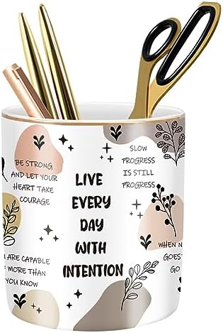 Cute Desk Pencils Pen Holder, Pencil Cup Holder for Desk, Ceramic Desktop Storage Pen Pencil Organizers Stationery Supplies for Office, Home, Words Pattern by WAVEYU