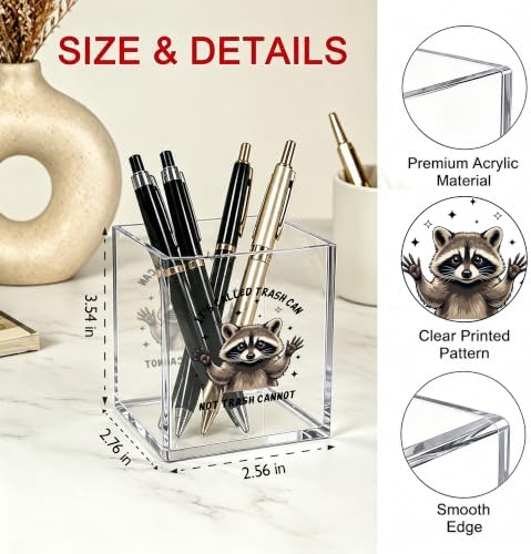 Funny Raccoon Office Acrylic Cosmetic Pen Pencil Holder Cup, Trash Can Not Trash Cannot Cute Pencil Organizer, Unique Desk Accessories, Motivational Gifts for Women Men Coworker（A31） - Image 2