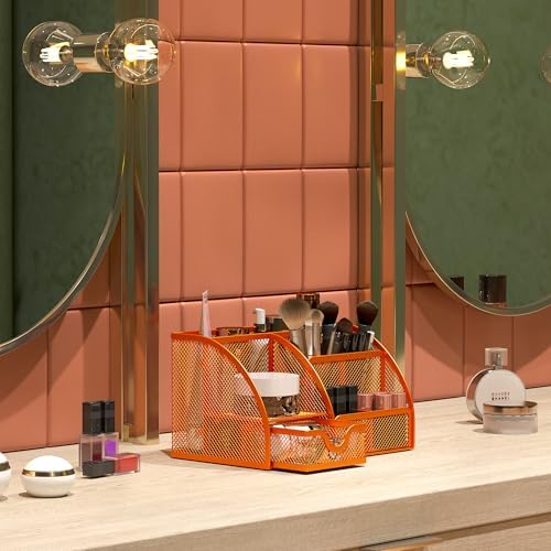 EasyPAG Mesh Desk Organizer with Drawer Multi-functional Pen Holder Stationery Organizer for Office School Supplies 6 Compartments Dorm Organizers and Storage for Desk, Orange - Image 6