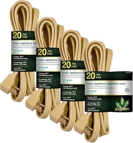 GoGreen Power Inc. (G-25620-4) 14/3 20' Appliance Extension Cord, Beige, 20ft, 4 Pack by PowerByGoGreen