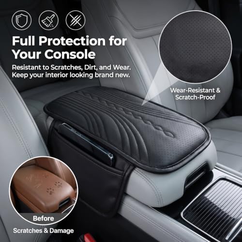 Leather Car Armrest Cover Cushion with Dual Side Storage Pockets, 12.60"×3.15" Breathable Center Console Protector Pad, Comfort Auto Arm Rest Mat Interior Accessories for Cars (Black) - Image 3