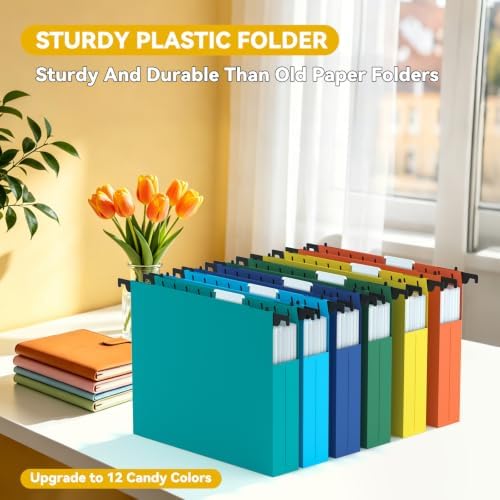 Letter Size Hanging File Folders Extra Capacity,1.5" Expandable Plastic Hang Folder for Filing Cabinet,12 Pack Reinforced Heavy Duty File Folder with Tabs,Filing System for Home Office-Colored - Image 2
