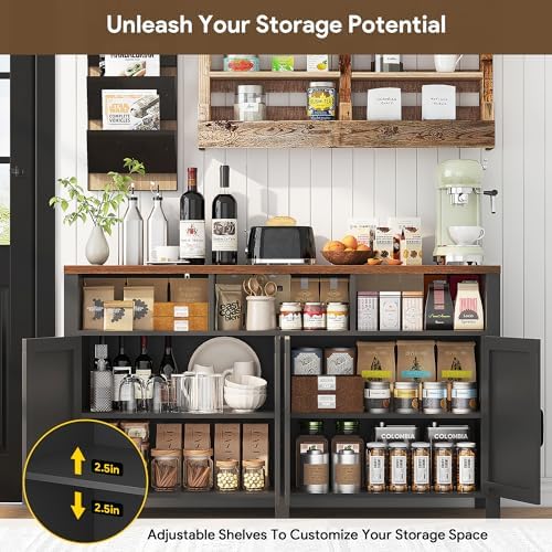 knoworld Buffet Sideboard with Storage Farmhouse, Large Kitchen Storage Cabinet Wood Coffee Bar Cabine Buffet for Kitchen, Living Room, 55in, Black - Image 3