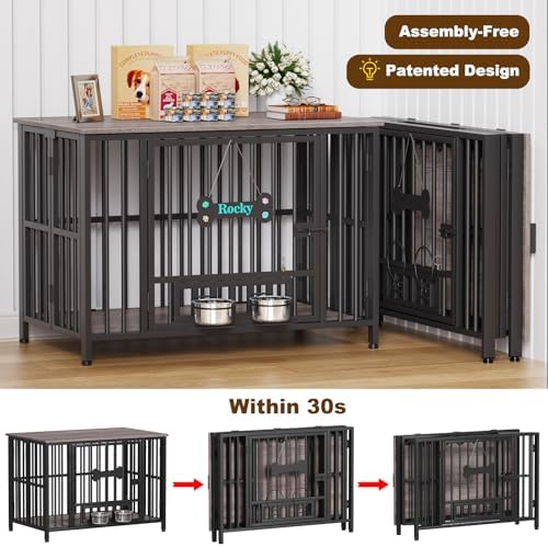 Easycom 41" Dog Crate Furniture Foldable, No Assembly Decorative Dog Kennel Indoor, Dog Crates for Large Dogs(35-60 lb), Wooden Dog Cage with Adjustable Bowls and Name Tag, End Table, Oak Grey - Image 2