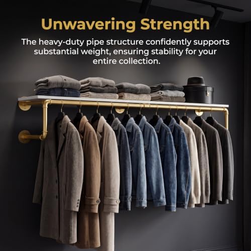 36 Inch Industrial Pipe Clothing Rack with Shelves, Gold Wall Clothes Racks - Image 6
