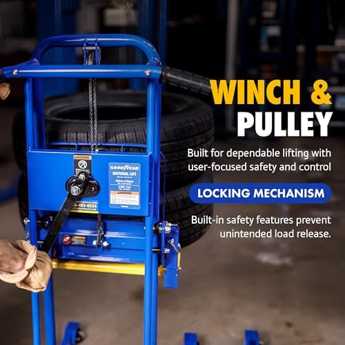 Goodyear Material Lift Winch Stacker, Pallet Truck Dolly, 330 Lbs 40" Max Lift w/ 8" Wheels, Swivel Casters [Patented] - Image 4