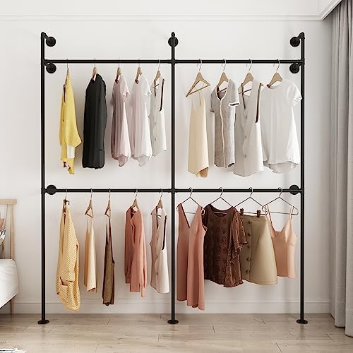 ORSENIGO Industrial Pipe Clothing Rack, Heavy Duty Metal Clothes Rack with Double Rods for Hanging Clothes, Wall Mount Space-Saving Garment Display Rack (Double, Black) by ORSENIGO