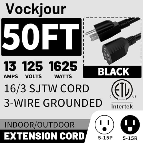 Vockjour 16/3 Black Indoor Outdoor Extension Cord 50 Ft Waterproof - Image 2