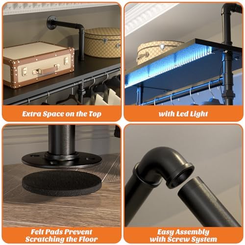 Aheaplus Industrial Pipe Clothing Rack, 79.7'' Closet System with LED Light - Image 3
