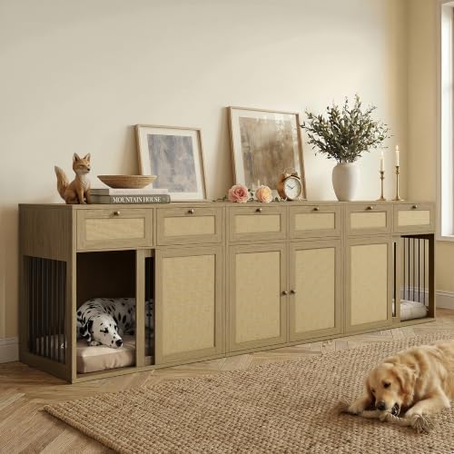 PureCozy 3-Piece Double Dog Crate Furniture, 120 Inch, Light Oak by PureCozy