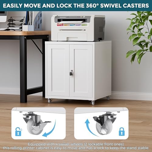 Large Printer Stand with Storage and Lock, 3D Heavy-Duty Printer Cabinet, Printer Table for Home Office with Doors and Adjustable Shelves, for Office Copier and Fax Machine, White - Image 2