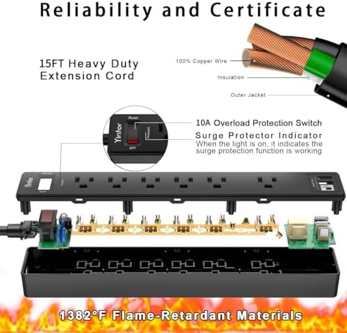 Yintar 15Ft Surge Protector Power Strip with 6 Outlets & 3 USB Ports, Black - Image 6